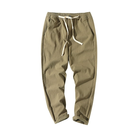 miqiqism Men's Cotton Trousers Casual Pants Lightweight Jogger Pants Elastic Waist Drawstring Yoga Beach Pants with Pockets Trendy Solid Color Sweatpants,Army Green,XX-Large