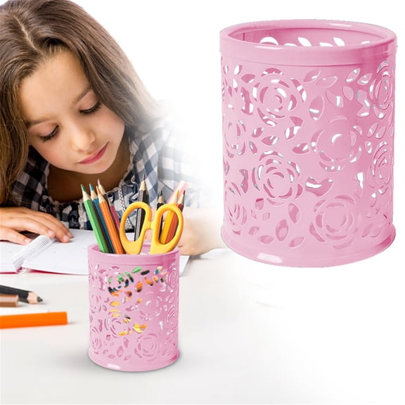 Denhf Hollow Rose Flower Pattern Pen Holder, Aesthetic Metal Pencil Cup, Modern Pen Stand for Home Office Classroom, Pencil Pot, Simple Makeup Brush Holder, Desk Accessories, Pink