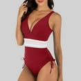 thumbnail image 2 of UTSJKR Womens Color Block High Waisted Swimsuit Trendy Tie Side Plunge Ruched Bathing Suits Tummy Control One Piece Swimwear Red L, 2 of 4