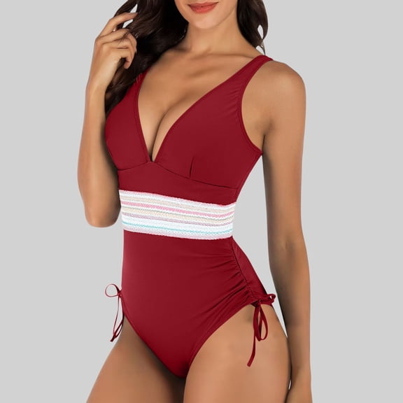 Ribbed One-Piece Swimsuit Women Tummy Swimsuits One Piece Slim Fitting Modest Bathing Suit Color Block Drawstring Swim Suits Red S