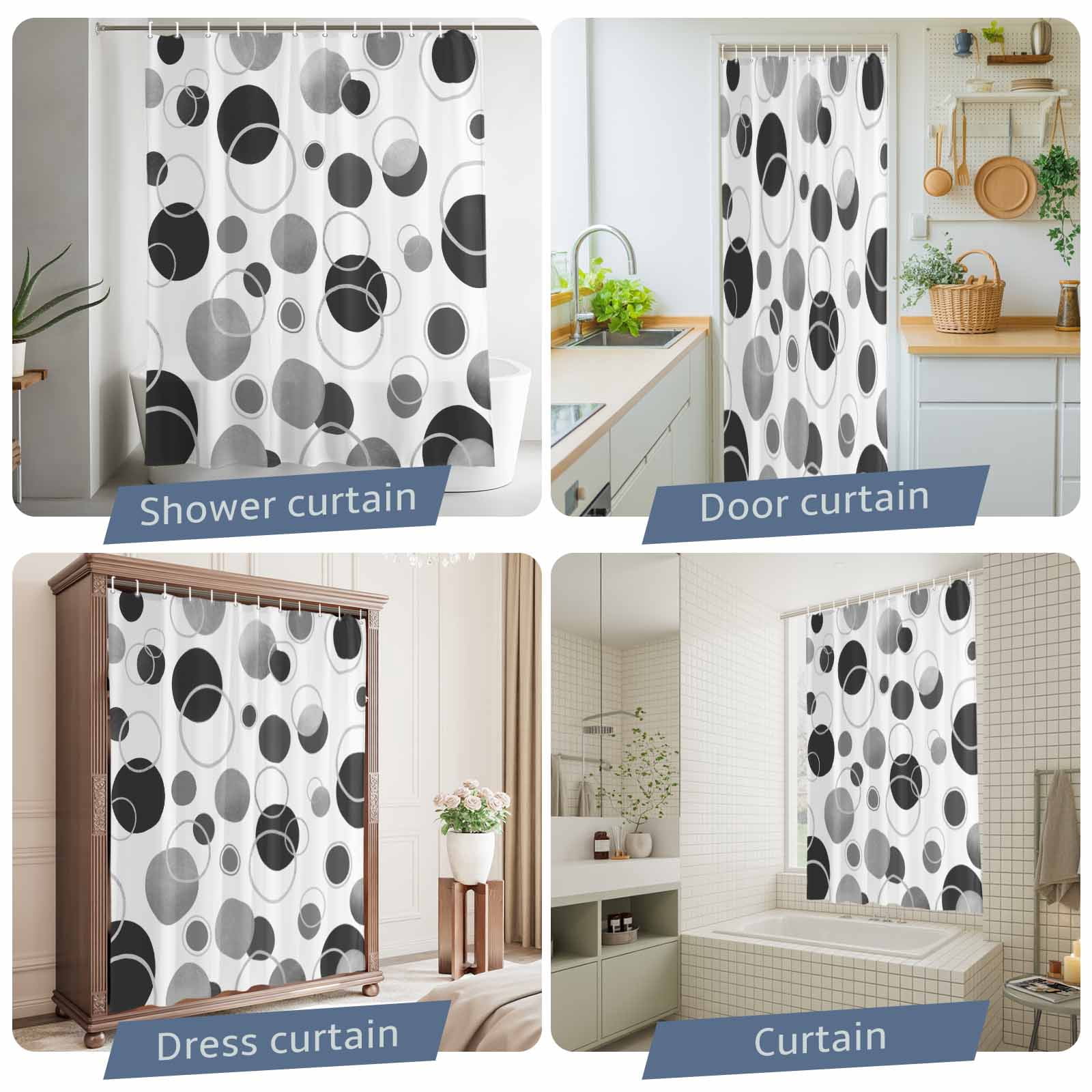 Grey Black Polka Dots Long Shower Curtain Set, Waterproof Shower Curtains for Bathroom, Modern Abstract Art Washable Fabric Cloth Bath Curtain for Bathtub Decoration with Hooks 72x84 Inches Geometric