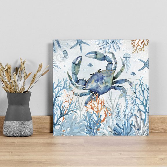 Crab Wall Art Painting on Canvas, Blue Coastal Starfish Ocean Coral Nautical Canvas Art Home Prints Wall Art Framed Modern Artwork for Living Room Bedroom Wall Decor 8x8in