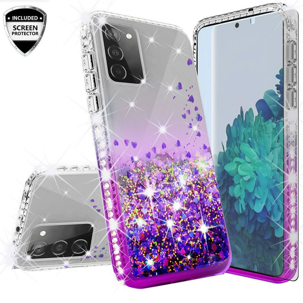 Galaxy A02s Case w[Temper Glass] Cute Liquid Glitter Bling Diamond Bumper Girls Women Phone Case