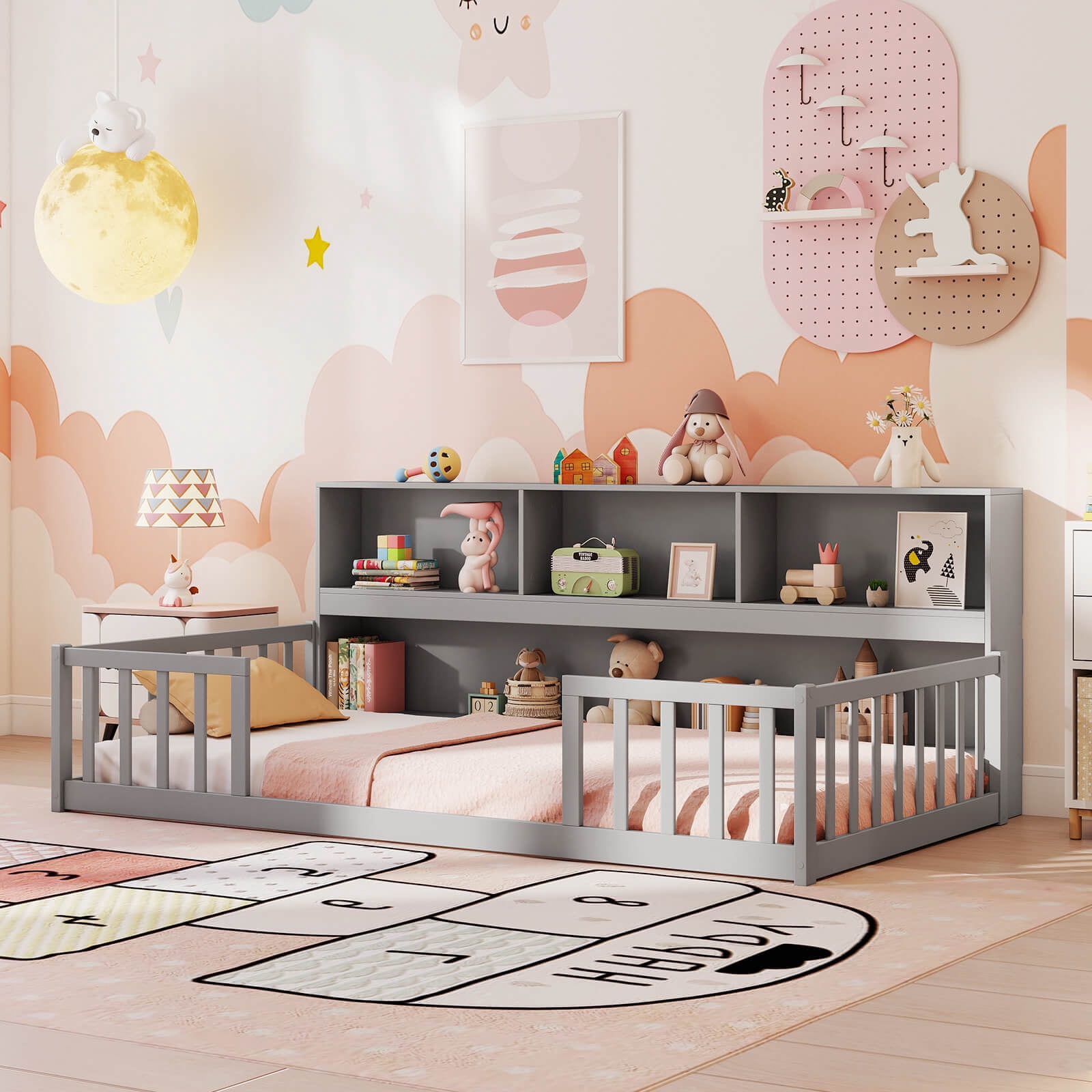 Costway Twin Size Montessori Floor Bed with Bookcase Storage Shelves & Safety Fence Rails Gray