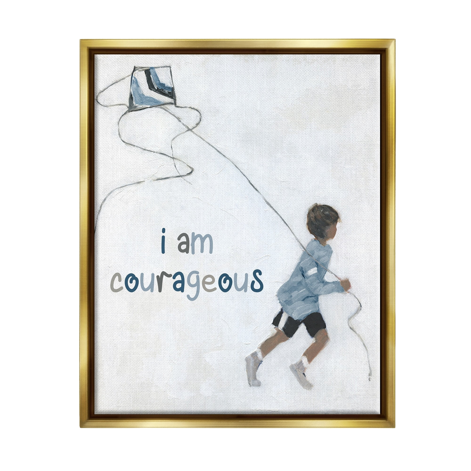 Stupell Industries I Am Courageous Child Flying Kite Uplifting Phrase Graphic Art Metallic Gold Floating Framed Canvas Print Wall Art, Design by Sally Swatland