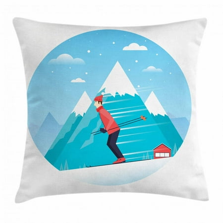Winter Throw Pillow Cushion Cover, Man Skiing down the Snowy Hill Hobby Mountains Sports Colorado Cliffs Graphic, Decorative Square Accent Pillow Case, 16 X 16 Inches, Blue Dark Coral, by