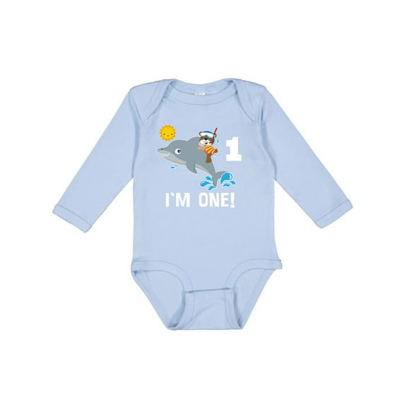 Inktastic First Birthday 1 Year Old Dolphin Boys or Girls Long Sleeve Baby Bodysuit
