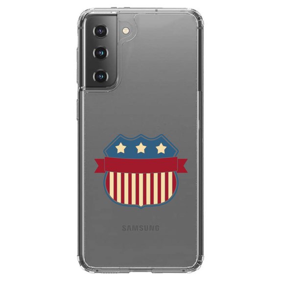 DistinctInk Clear Shockproof Hybrid Case for Galaxy S21  PLUS 5G (6.7" Screen) - TPU Bumper Acrylic Back Tempered Glass Screen Protector - USA Badge Flag Red White & Blue
