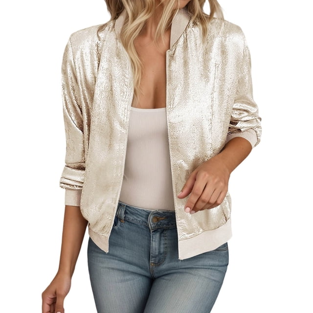 GDREDA Womens Casual Reflective Jacket Lightweight Slim Fit Zipper Jacket Stylish Solid Color拼接 Spring Autumn Coat Beige,L