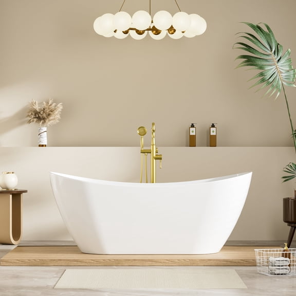 ANGELES HOME 67" Glossy White Freestanding Acrylic Soaking Bathtub with Advanced Heat Retention & Ergonomic Support, 71-Gallon
