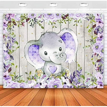 Image of Elephant Backdrop for Girl Baby Shower Elephant Purple Floral Rustic Wood Photography Background 7x5ft Baby It s a Girl Elephant Baby Shower Backdrops Decorations Banner Photo Booth S