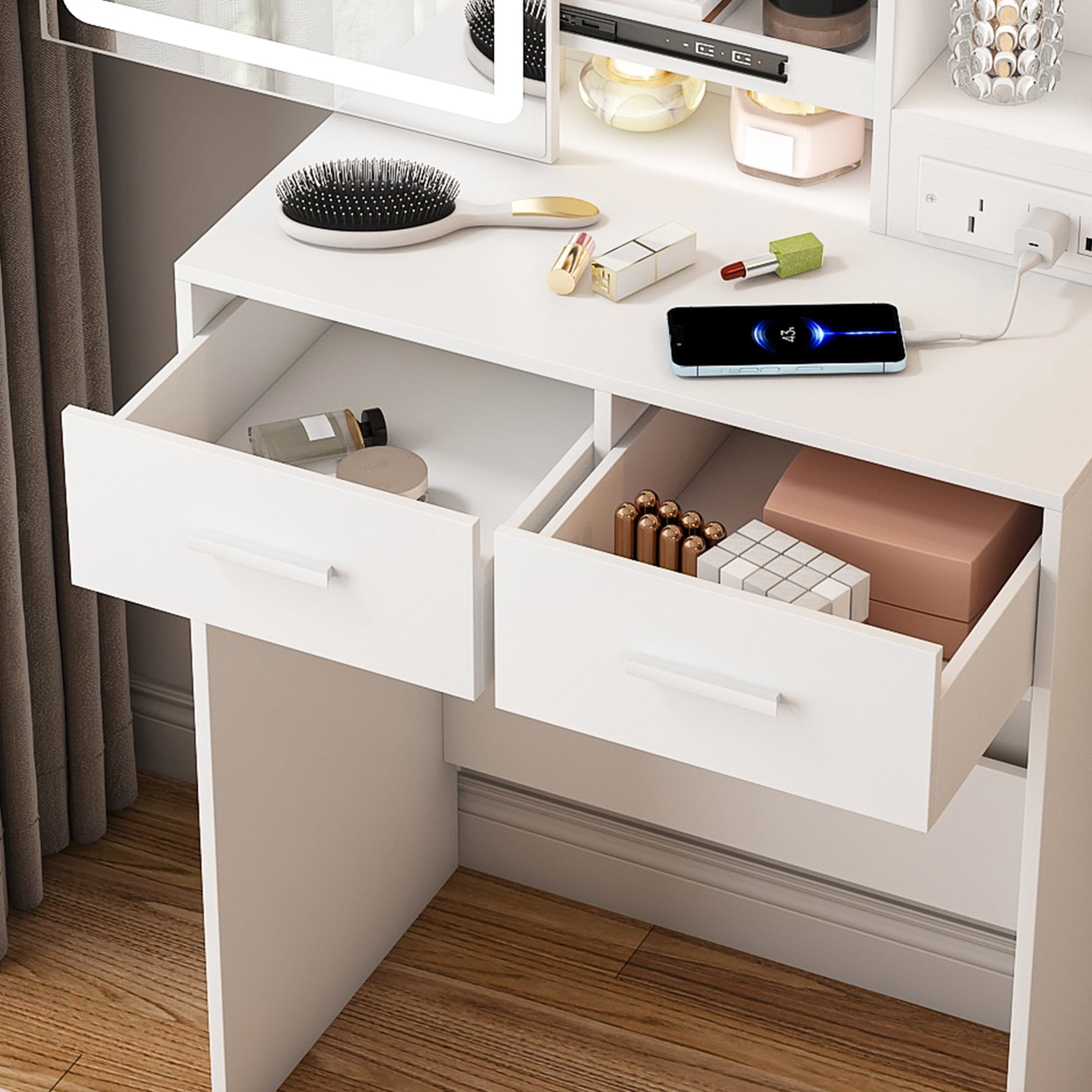 Alvantor Makeup Vanity Desk Set with Mirror & Lights, Built-in Power Outlet & Hidden Storage, White Vanity for Small Bedrooms