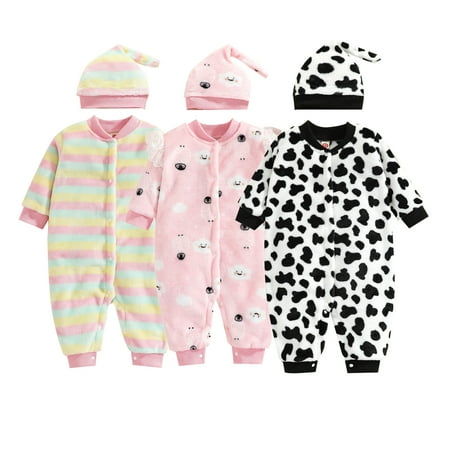 

sdghg Baby Girl Flannel Romper Set Infant Long Sleeve Button Closure Fleece One-Piece Jumpsuit with Beanie Hat