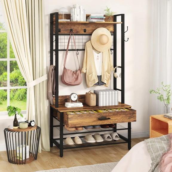 LinkRomat Hall Tree, Entryway Coat Rack with Drawer, Industrial 5 in 1 Entryway Bench with Storage Shoe Rack and 12 Hooks, Freestanding Home Organizer with Shelf & Grid Panel, Anti-Dumping