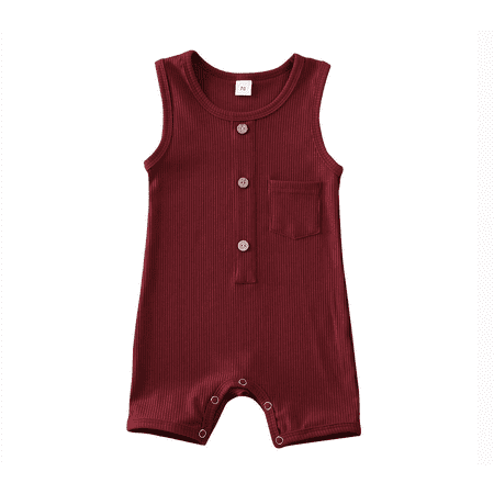 

ZQC Baby Summer Romper Solid Color Sleeveless Button Closure Ribbed Jumpsuit