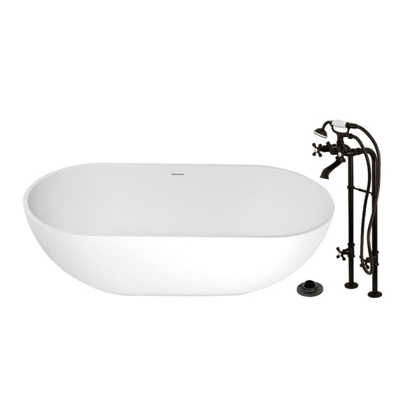 Kingston Brass KRTRS7035266K5 70" Solid Surface Oval Double Ended Freestanding Tub with Faucet Combo and Drain, Oil Rubbed Bronze