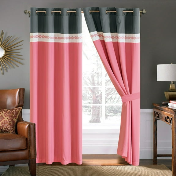 4-Pc Diamond Ornate Damask Embroidery Curtain Set Pink Gray Ivory Sheer Liner Metal Grommet Drape
