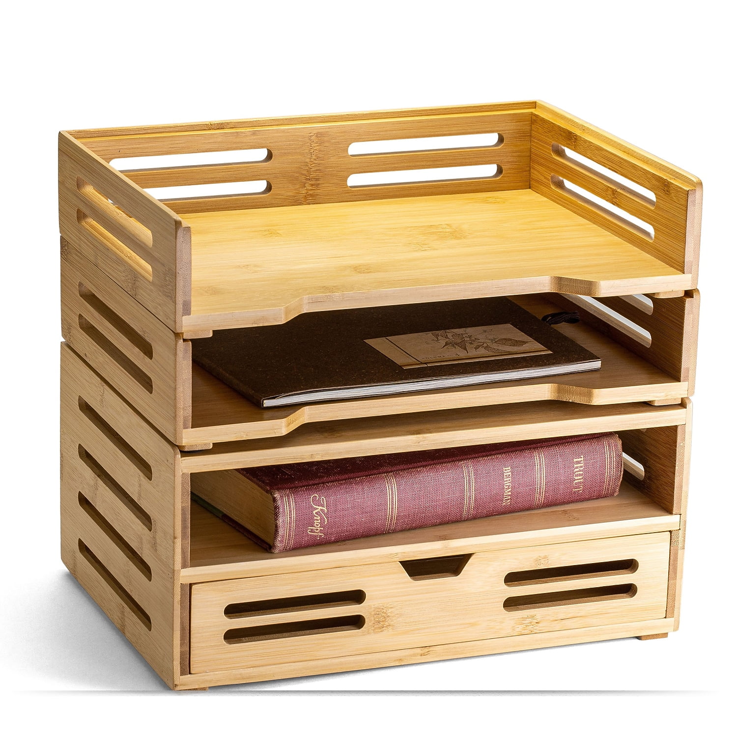 Officemate Bamboo Desk Accessories 2-Compartment Stackable Wood Desk Organizer Natural wood grain