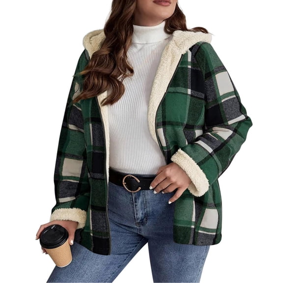Womens Fleece Jacket Fleece Full Zip Hooded Plaid Jacket Casual Fashion Coat Winter Loose Fit Everyday Wear