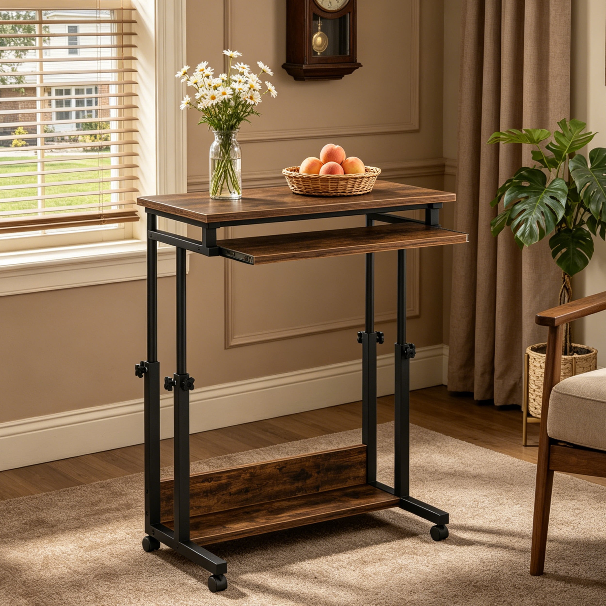 Fnova Height-Adjustable Desk with Wheels, Rolling Computer Cart with Keyboard Tray, Portable Laptop Small Standing Desk for Sofa, Bed, Home Office