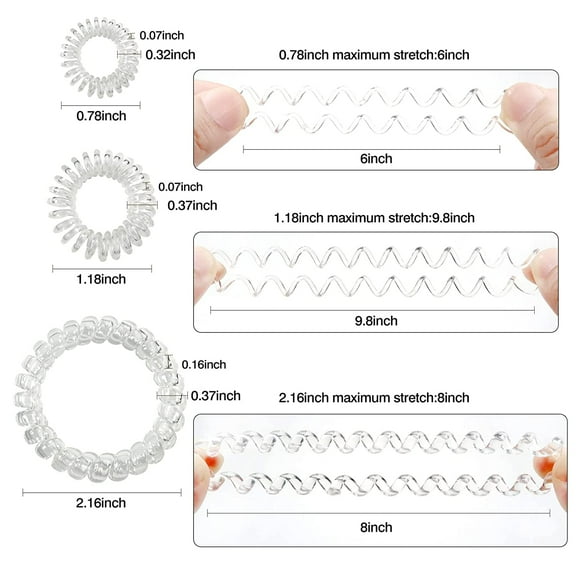 12pcs Spiral Hair Ties Clear Phone Cord Hair Ties Traceless Hair Coils Elastic Bands Ponytail Holders Coil Hair Ties for Women Girls Large Size 2.16 Inch Small 1.18 Inch Mini 0.78 Inch