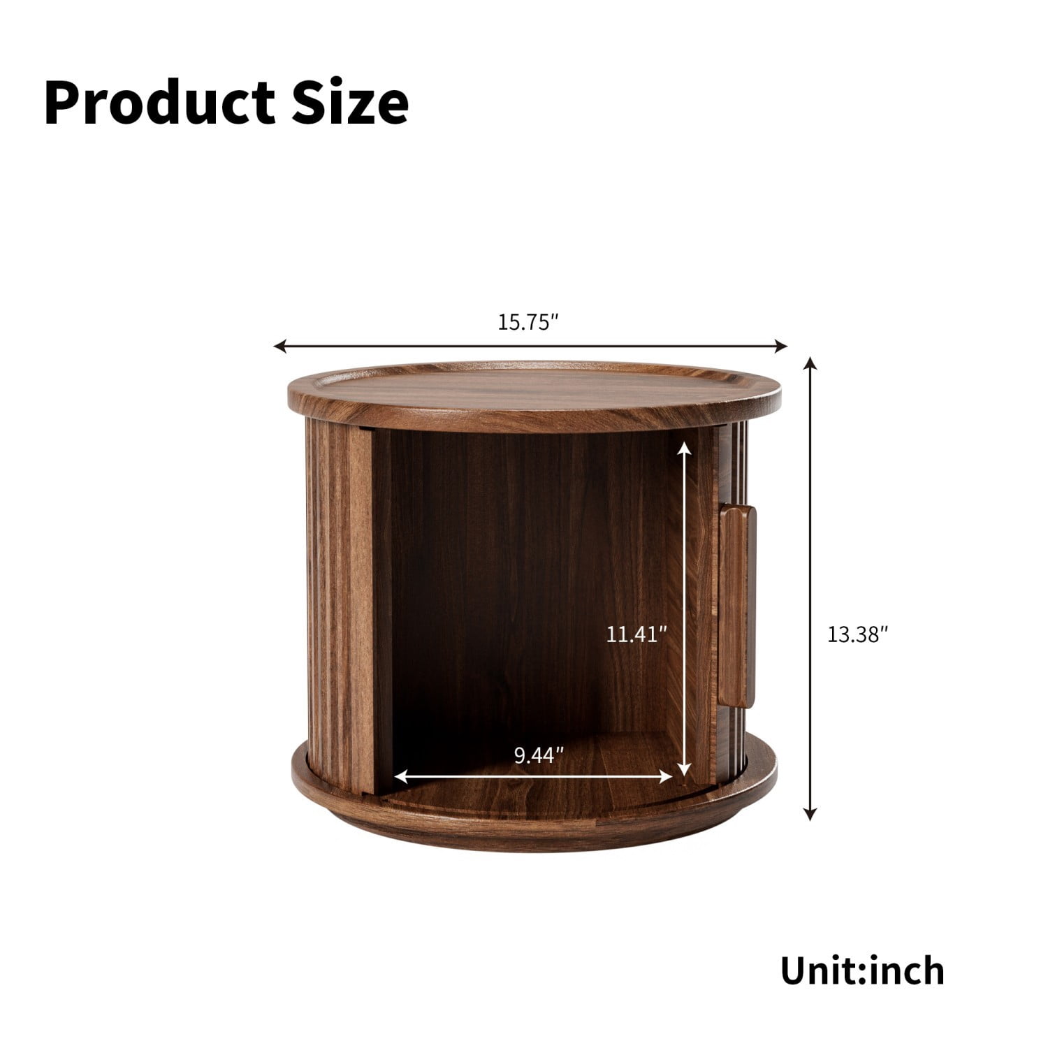 Set of 2 Round Coffee Tables with Sliding Door Storage, Modern Walnut Nesting Side Tables, Fluted Roman Column Accent End Tables & Nightstands for Living Room, Bedroom