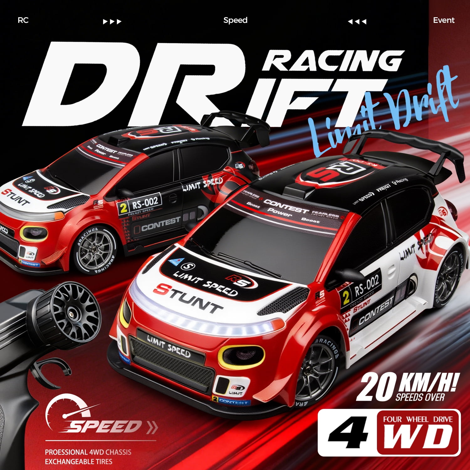 RC Drift Car, 1:24 4WD 20KM/H High Speed RC Cars with LED Light, 2.4GHz Remote Control Sport Racing with Batteries for Boys Girls Adults