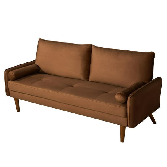 Velvet Sofa, 68 inch Mid Century Modern 3-Seater Sofa with 2 Pillows for Home, Office - MC9551(Brown)