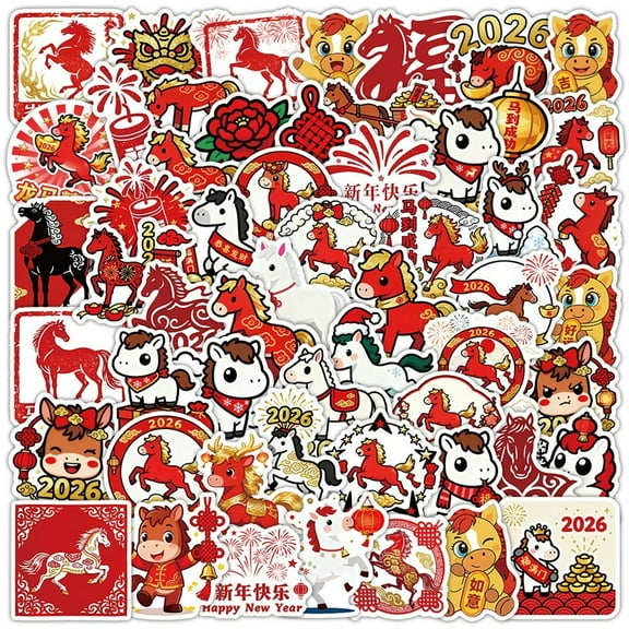 Chinese New Year Stickers, 60 Pcs Happy Lunar 2026 Year of Horse Stickers Spring Festival Decals for Laptop Phone Water Bottle Luggage Motorcycle Helmet