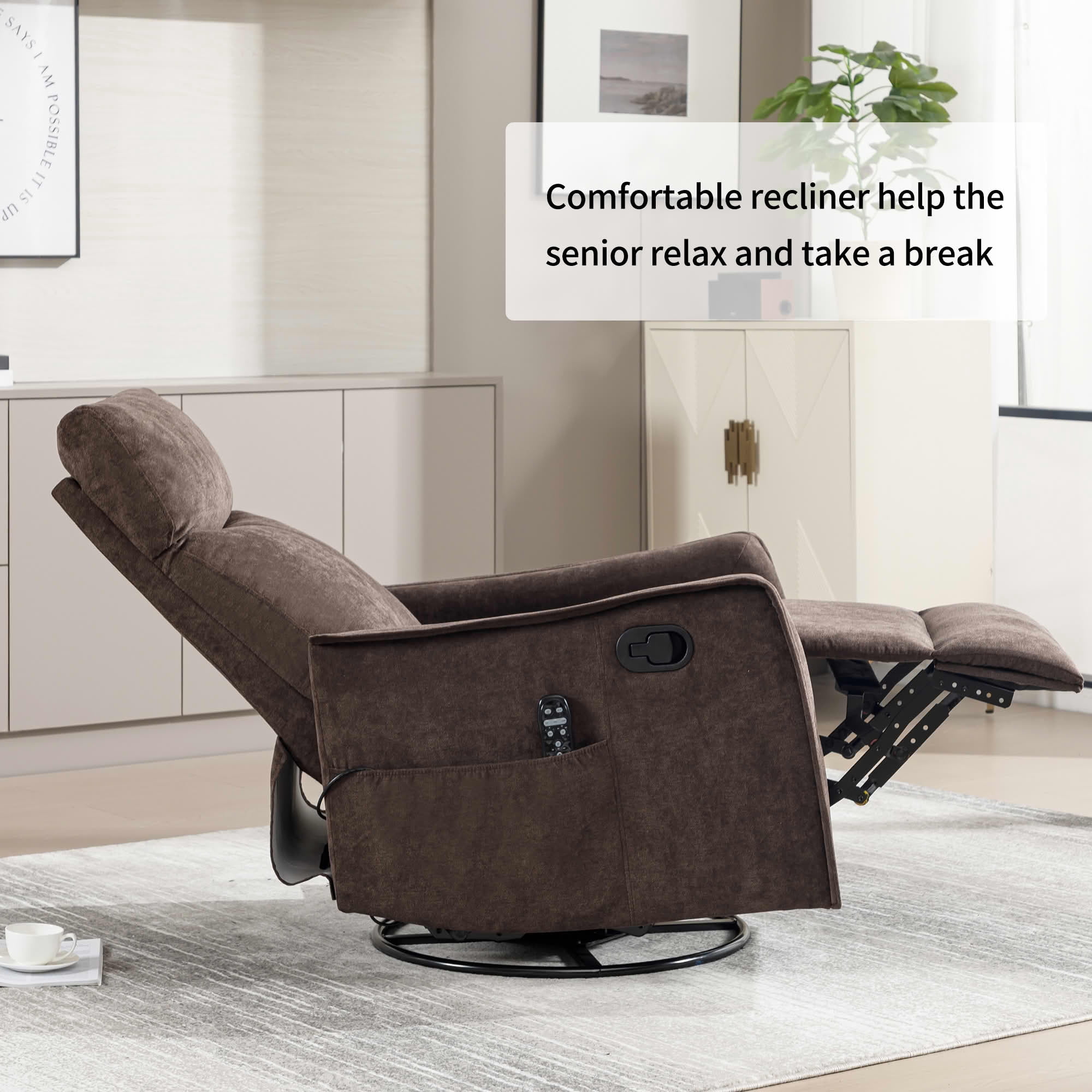 MAYEERTY Brown Heat Massage Recliner Chair, 360° Swivel Rocker 27"x36"x40" for Living Room