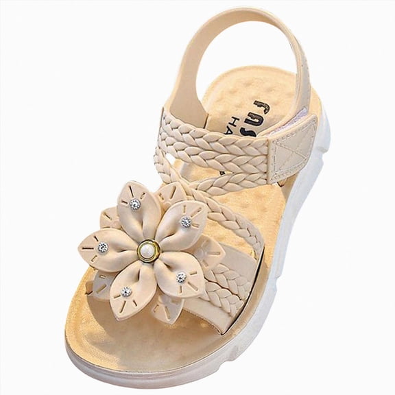 Ymyiu Girls' Sandals Girls Sandals Summer Shoes Open Toe Elastic Back Strap Sandals Flat for Little Kids Big Kids Size 11.5 (Beige,Little Kids 11.5)