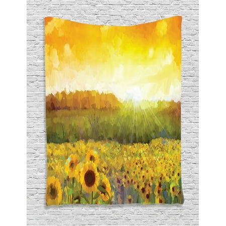 Two Grey Hills Tapestry Sunflower Decor Wall Hanging Tapestry, Landscape Art With A Golden Sunflower Field And Distant Hill At Sunset Warm Colors, Bedroom Living Room Dorm Accessories, By Ambesonne ()
