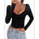 thumbnail image 1 of Camisetas de Larga con Cuello en V para Mujer, Top Corto con Doble Forro y Copas con Costura para Salir. Negro M, 1 of 10