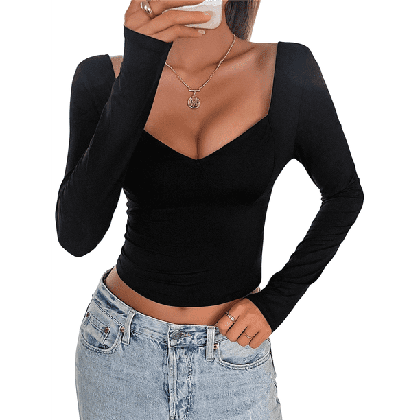 Camisetas de Larga con Cuello en V para Mujer, Top Corto con Doble Forro y Copas con Costura para Salir. Negro M