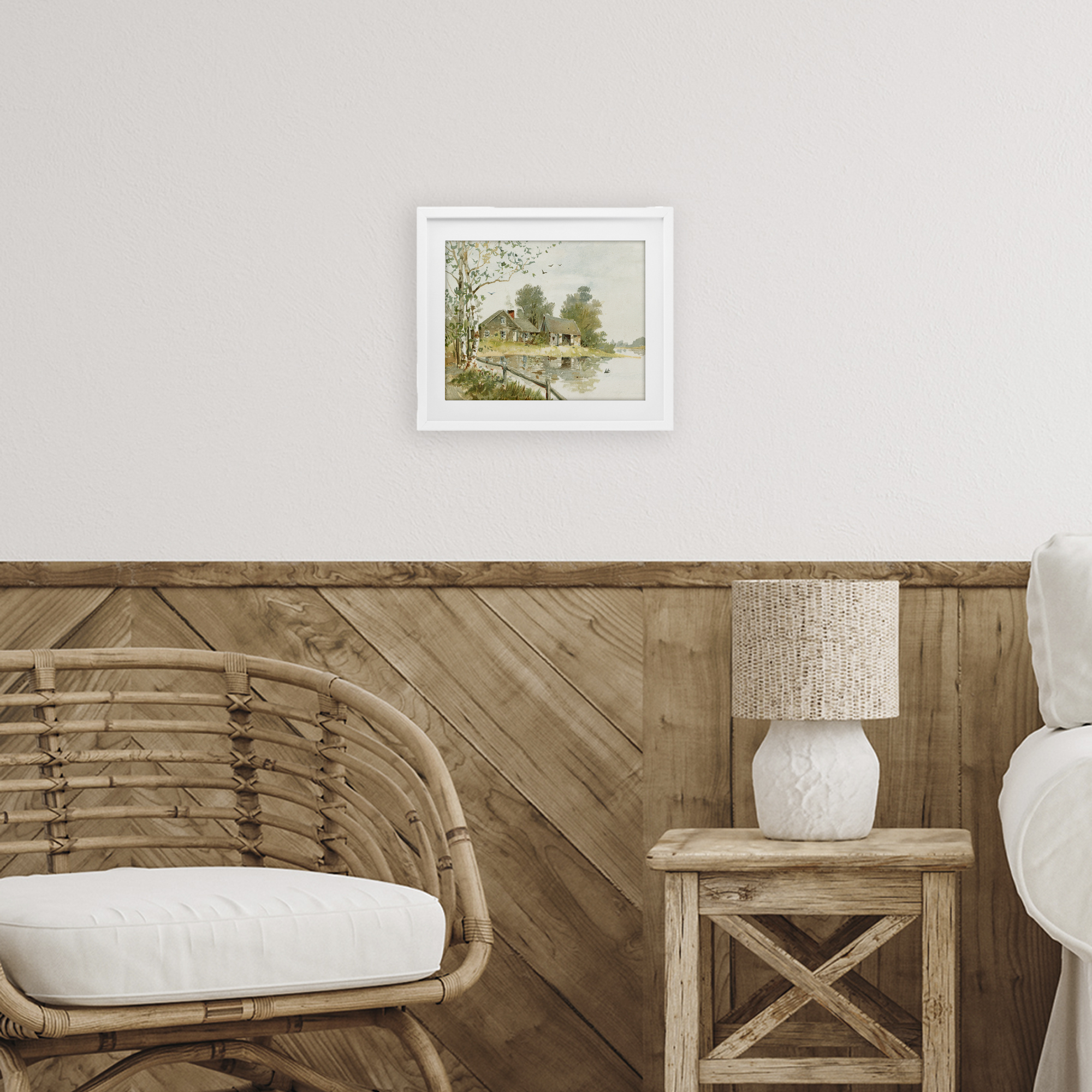 Cabin Along River's Edge White Framed Print Under Glass, design by Lettered and Lined