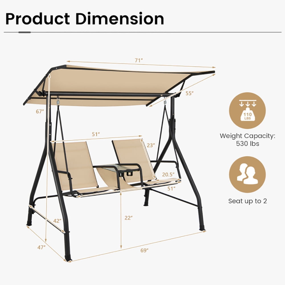 Aimee Lii 2-Seat Outdoor Cushioned Porch Swing with Adjustable Canopy and Tempered Glass Table, Swing Chair Outdoor, Beige