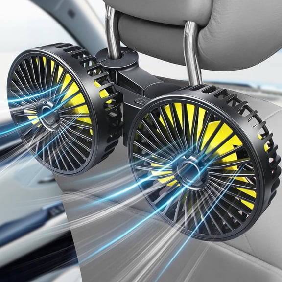 5-Blade Dual Head Car Backseat Fan, 360° Rotatable Headrest Clip-on Fan with USB Power, Adjustable Cooling for Rear Passengers