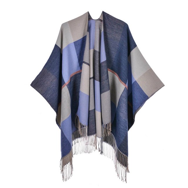 Women's Plaid Print Knitted Shawl Wrap Open Front Winter Cardigan Sweater Ruana Cape Warm Coat