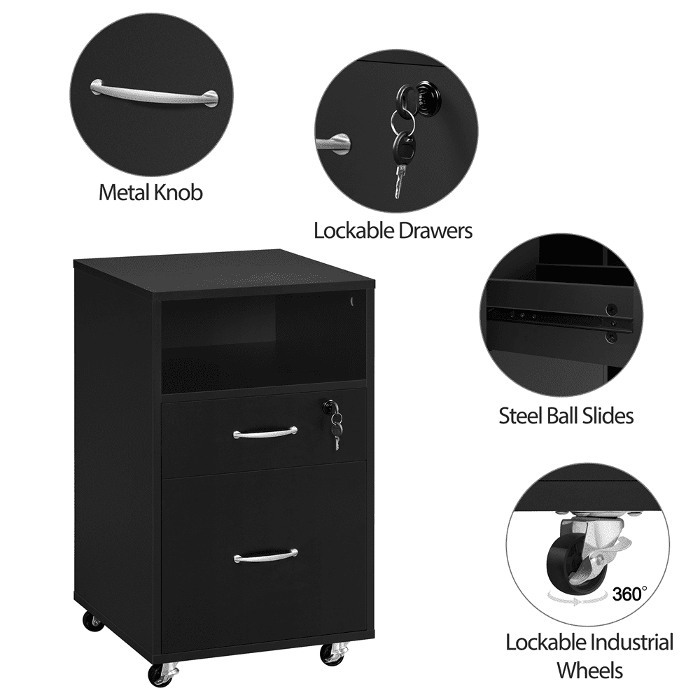 Alden Design 2- Drawer Wooden Vintage Mobile File Cabinet for Home and Office, Black