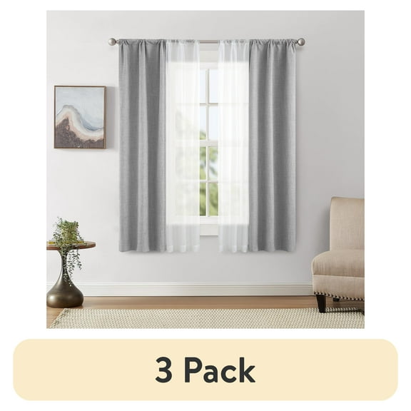 (3 pack) Mainstays Solid Twill Blackout Curtain Panel and Sheers, Set of 4, Soft Silver, 27.5" W x 63" L