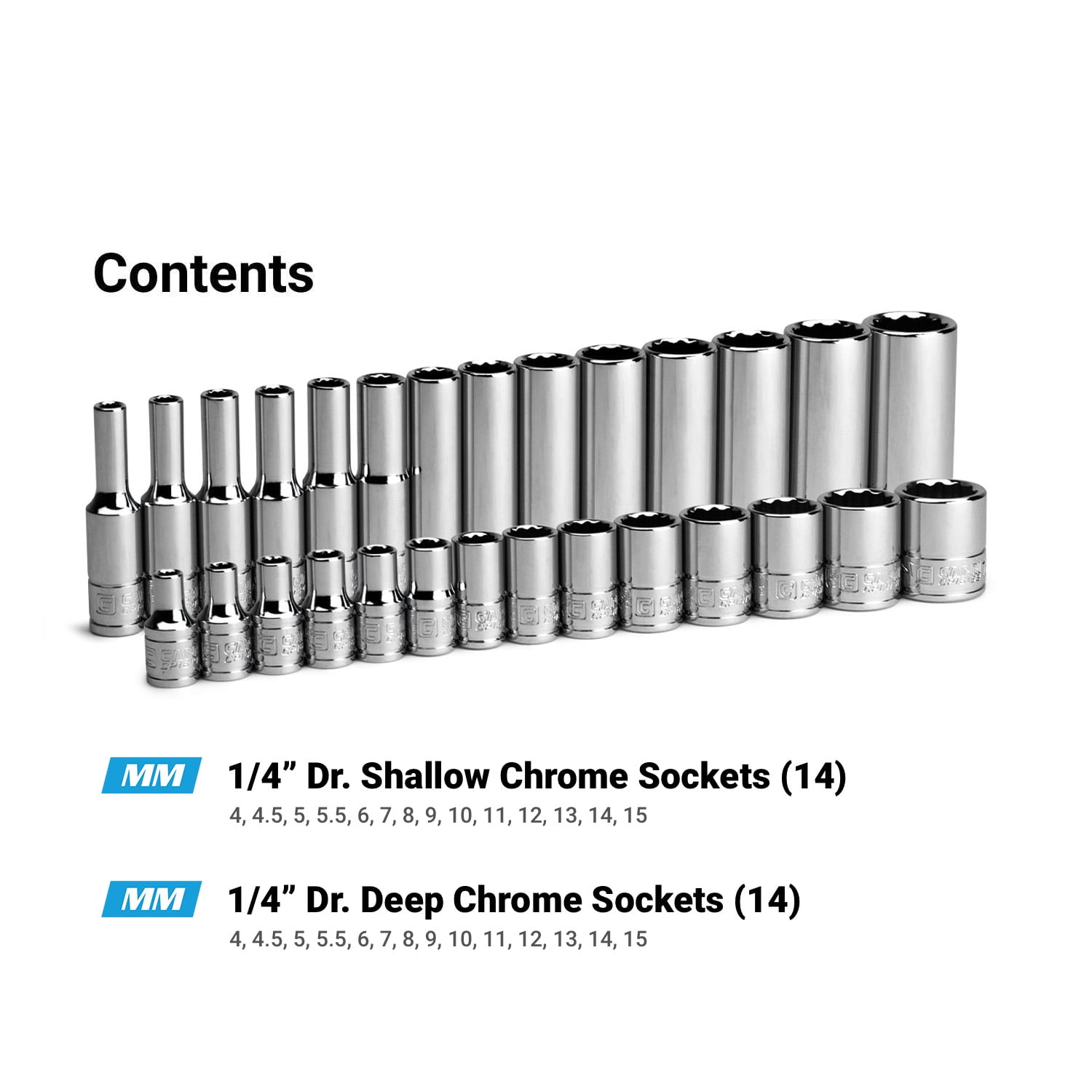 Capri Tools 1/4 in. Drive 12-Point Shallow and Deep Socket Set, Metric, 4 to 15 mm, 28-Piece with Billet Aluminum Socket Rail