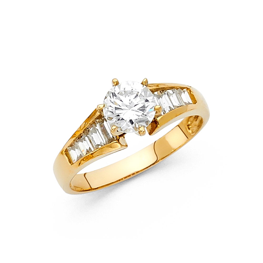 14k Yellow OR White Gold Round CZ Engagement Ring Solitaire CZ Band Baguette 