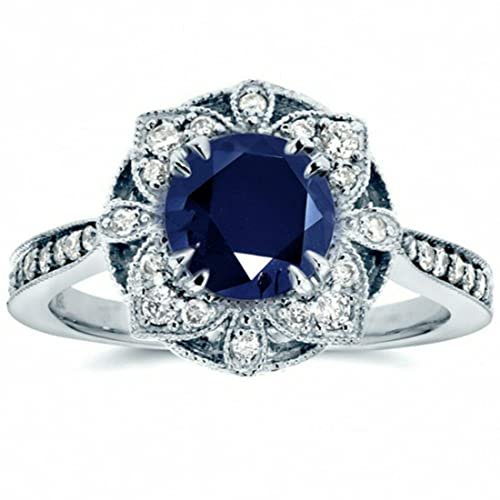 HeartsAndYou 2ct Natural Blue Sapphire Engagement Ring 14k SOLID White Gold Floral Art Deco