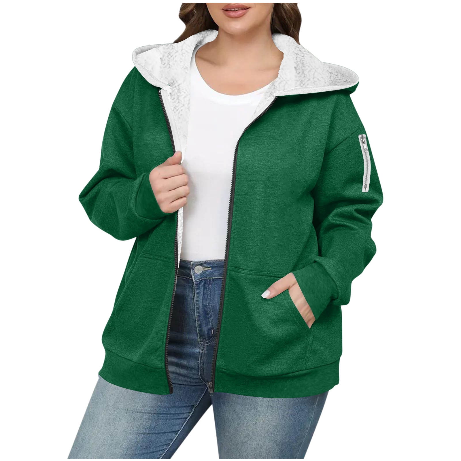 DPTALR George Women's Plus Size Solid Color Zip-Up Hooded Fleece-Thickened,Green,Big and Tall Men XXL