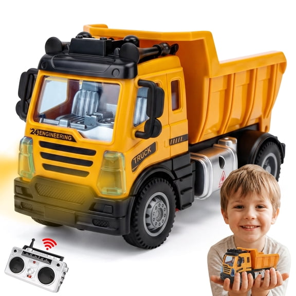 RC Dump Truck Toy 1:64 Mini Remote Control Construction Vehicle Car with Headlights Portable for Kids Toddler