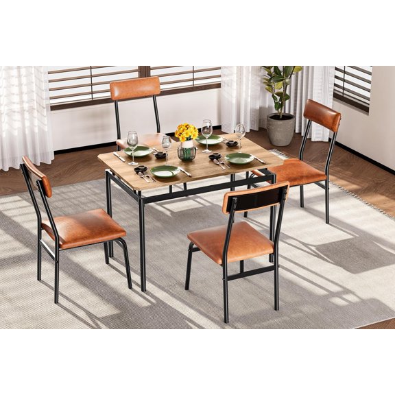 GAOMON 5-Piece Dining Table Set, Brown Wood Kitchen Table with 4 PU Upholstered Chairs, Space-Saving Metal Frame Dinette, for Dining Room, 4 PU Brown Chair