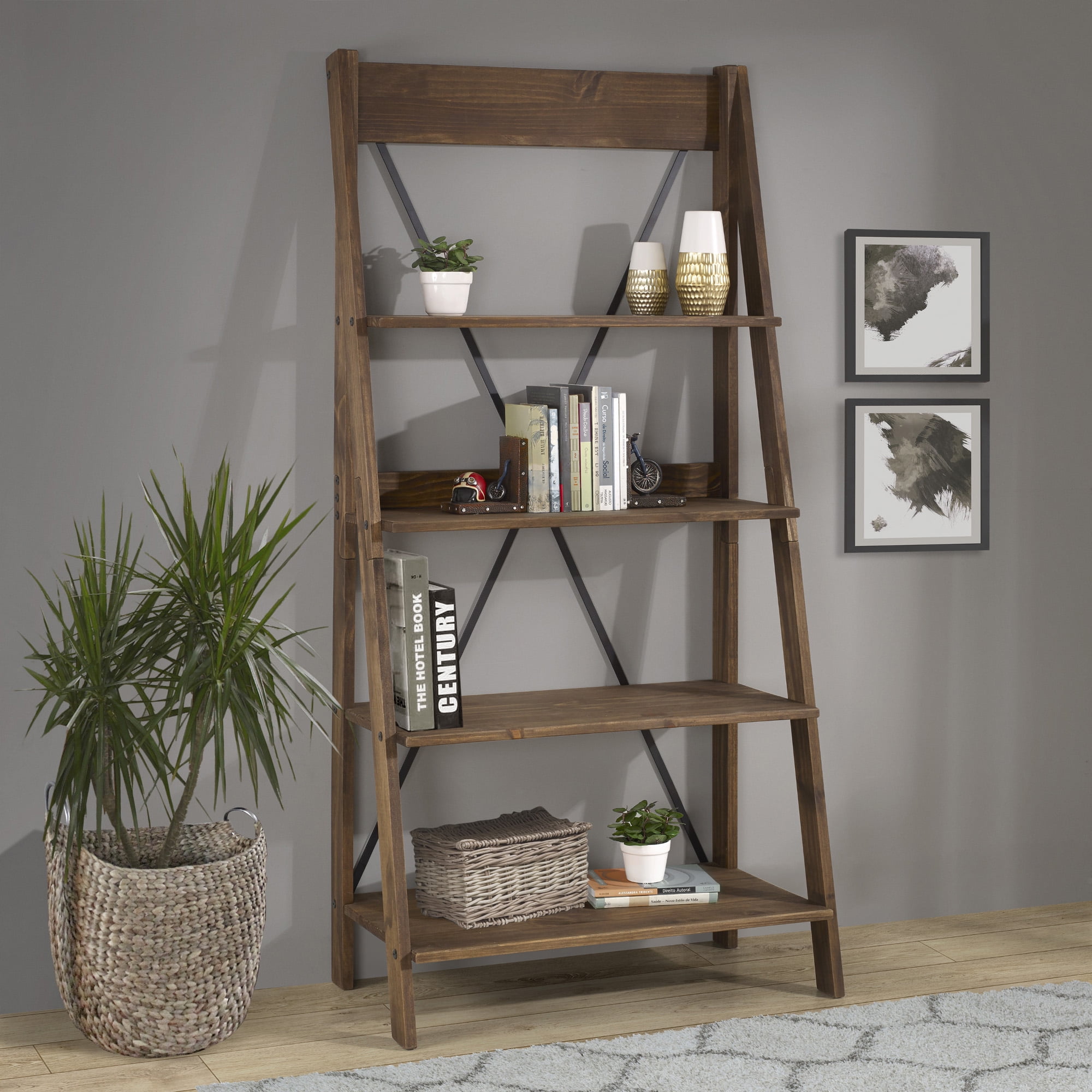 Manor Park Solid Wood 4Shelf Ladder Bookshelf Brown