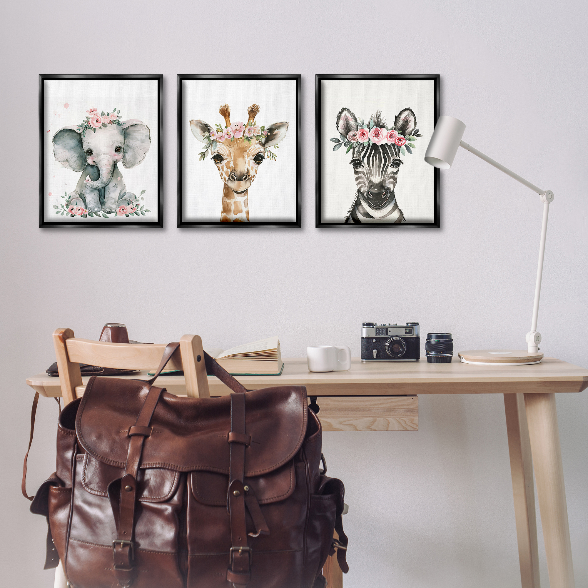 Stupell Industries Pink Rose Jungle Animals Animals Painting Black Floater Framed Canvas Art Print Wall Art, 17 x 21, Set of 3