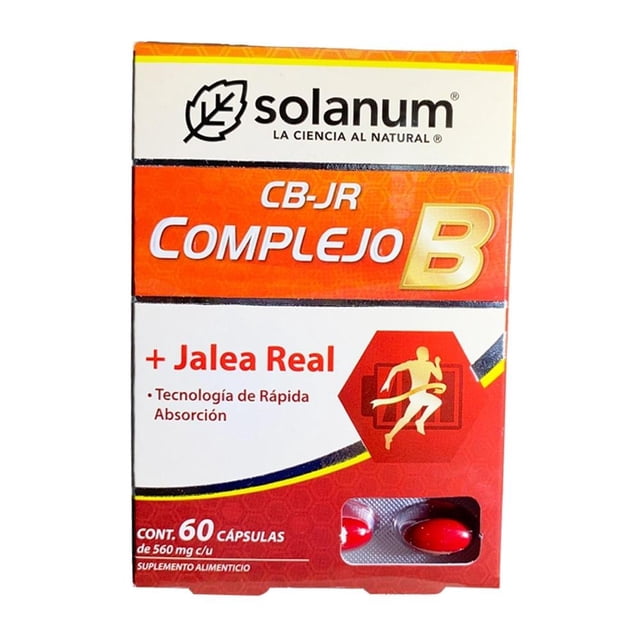 suplemento alimenticio solanum complejo b más jalea real 60 cápsulas de 560 mg c/u caja frontal con logo Solanum; empaque blanco y rojo con texto "COMPLEJO B" y "+ Jalea Real", icono de figura en movimiento, leyenda "cont. 60 cápsulas de 560 mg c/u" y blister con cápsula roja visible; consulte a su médico.