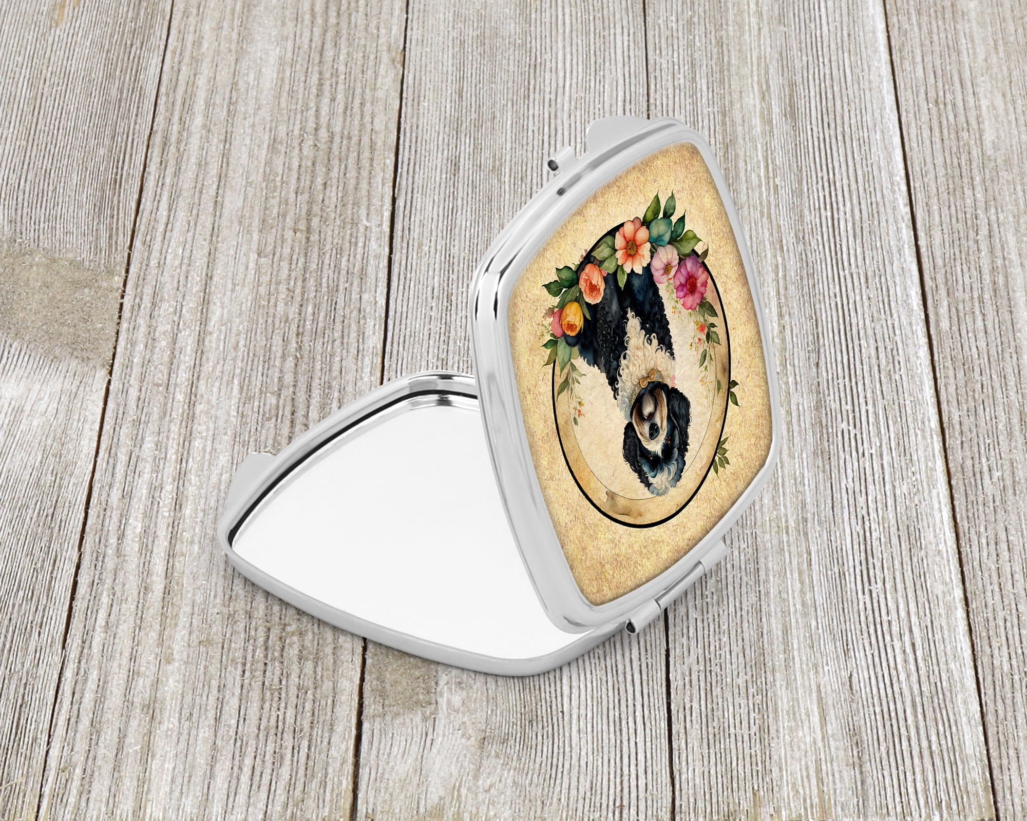 Portuguese Water Dog and Flowers Compact Mirror 2.75 in x 3 in